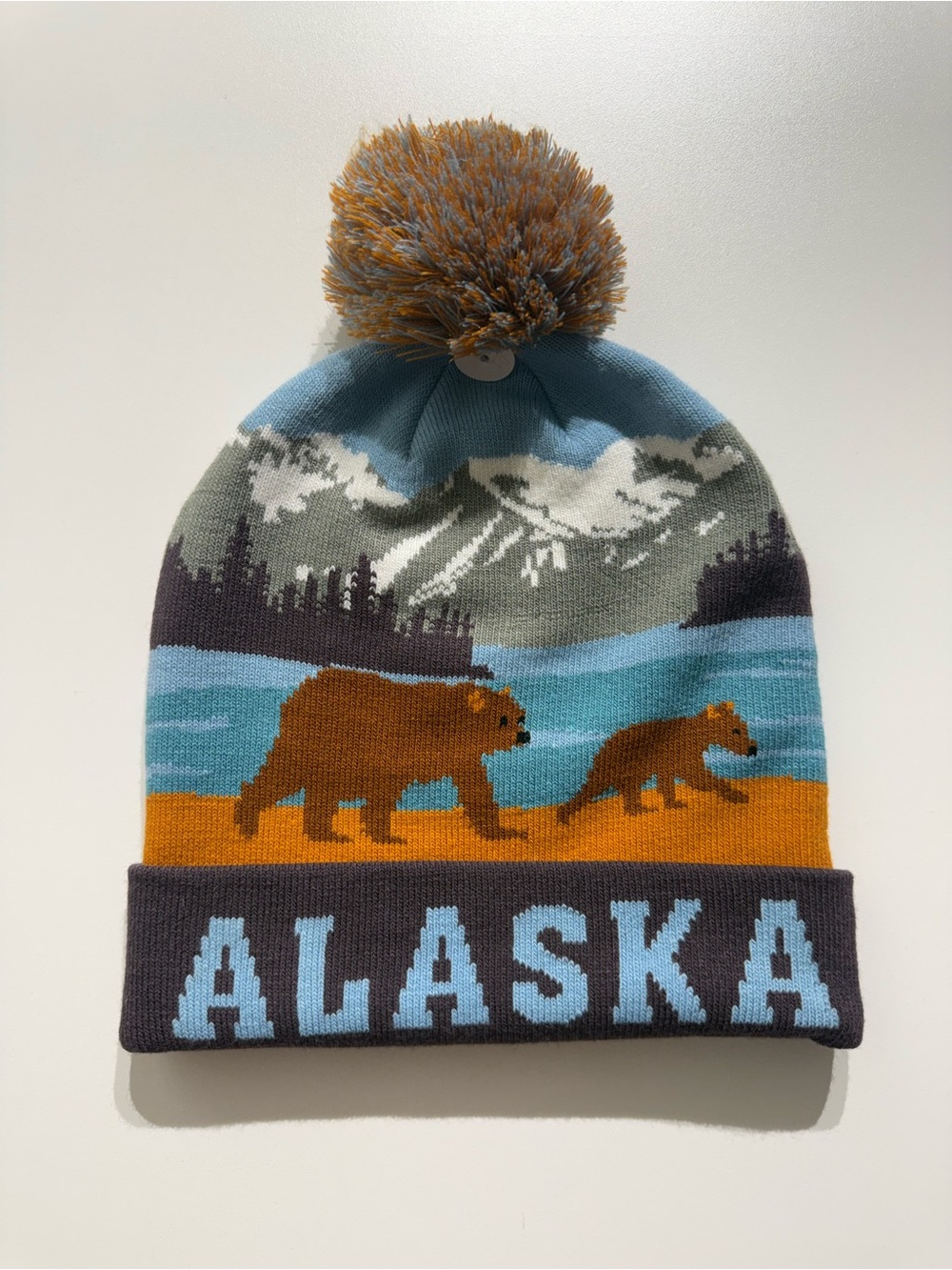 Alaska Bear Pom Beanie - Blue, Orange & Brown unisex
